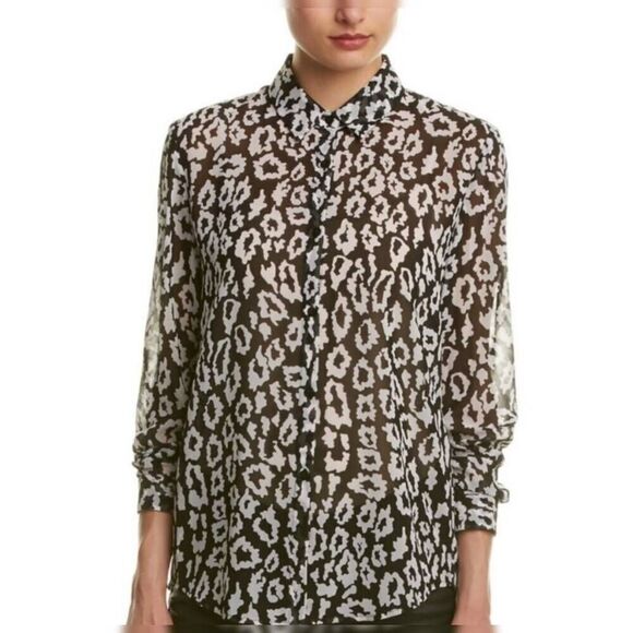 The Kooples Animal Print Leopard Semi-Sheer Chiffon Button Down Blouse Sz 0 - Picture 5 of 10